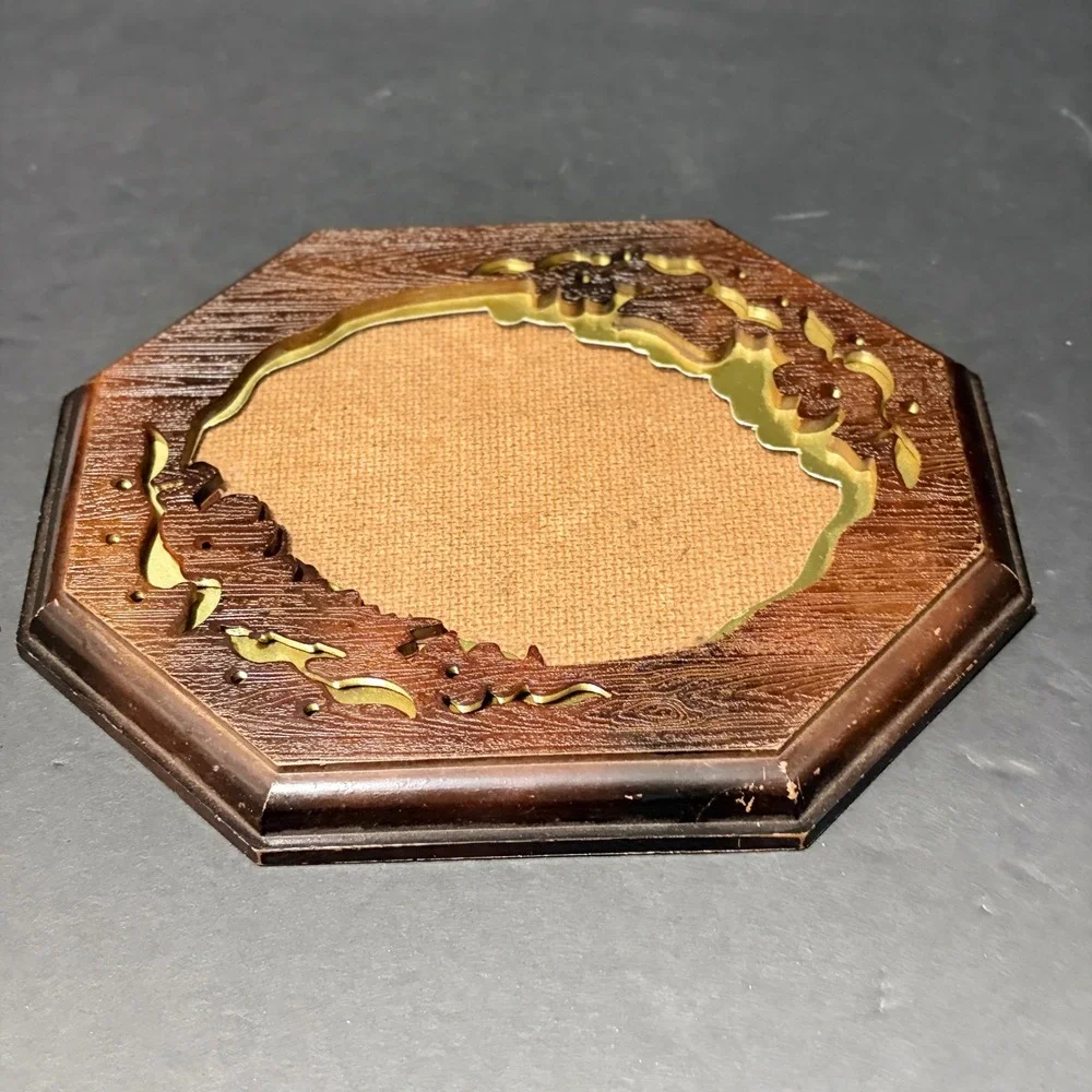Vintage Octagonal Faux Wood Picture Frame Gold Floral Filigree 8x6.5